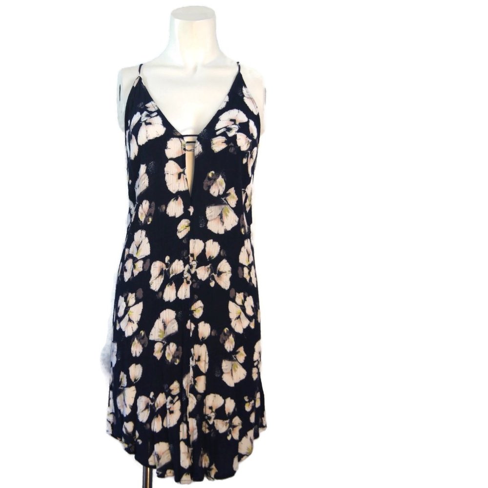 Aakaa Anthropologie Women's Navy Blue Floral Sleeveless Tank Dress Size M